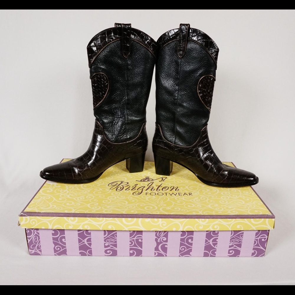 Brighton Women's Black and Dark Brown Heeled Boots